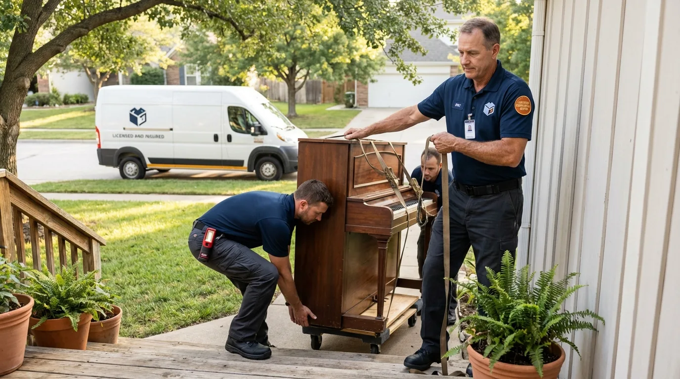 Licensed piano movers securing grand piano in Foresthill, CA
