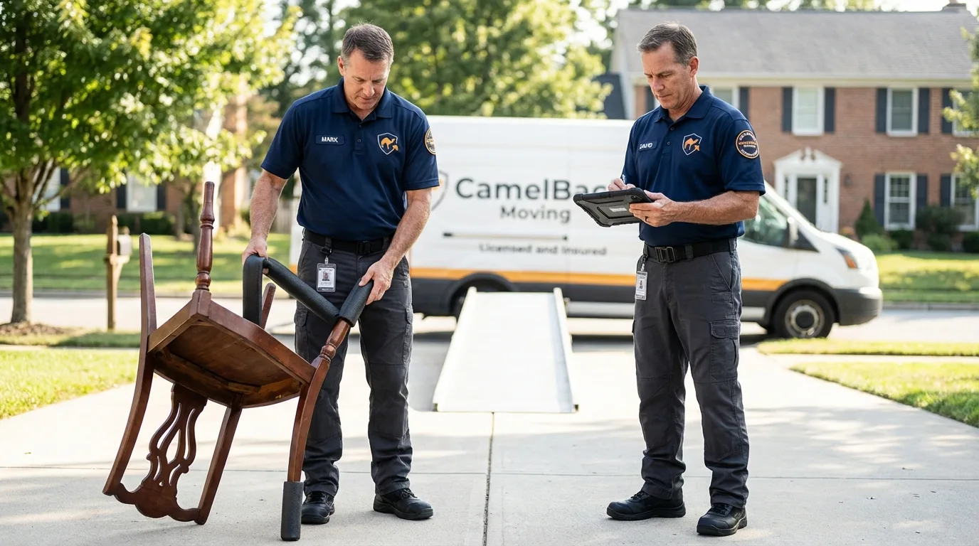 Movers inspecting furniture for damage prevention before loading in Foresthill, CA