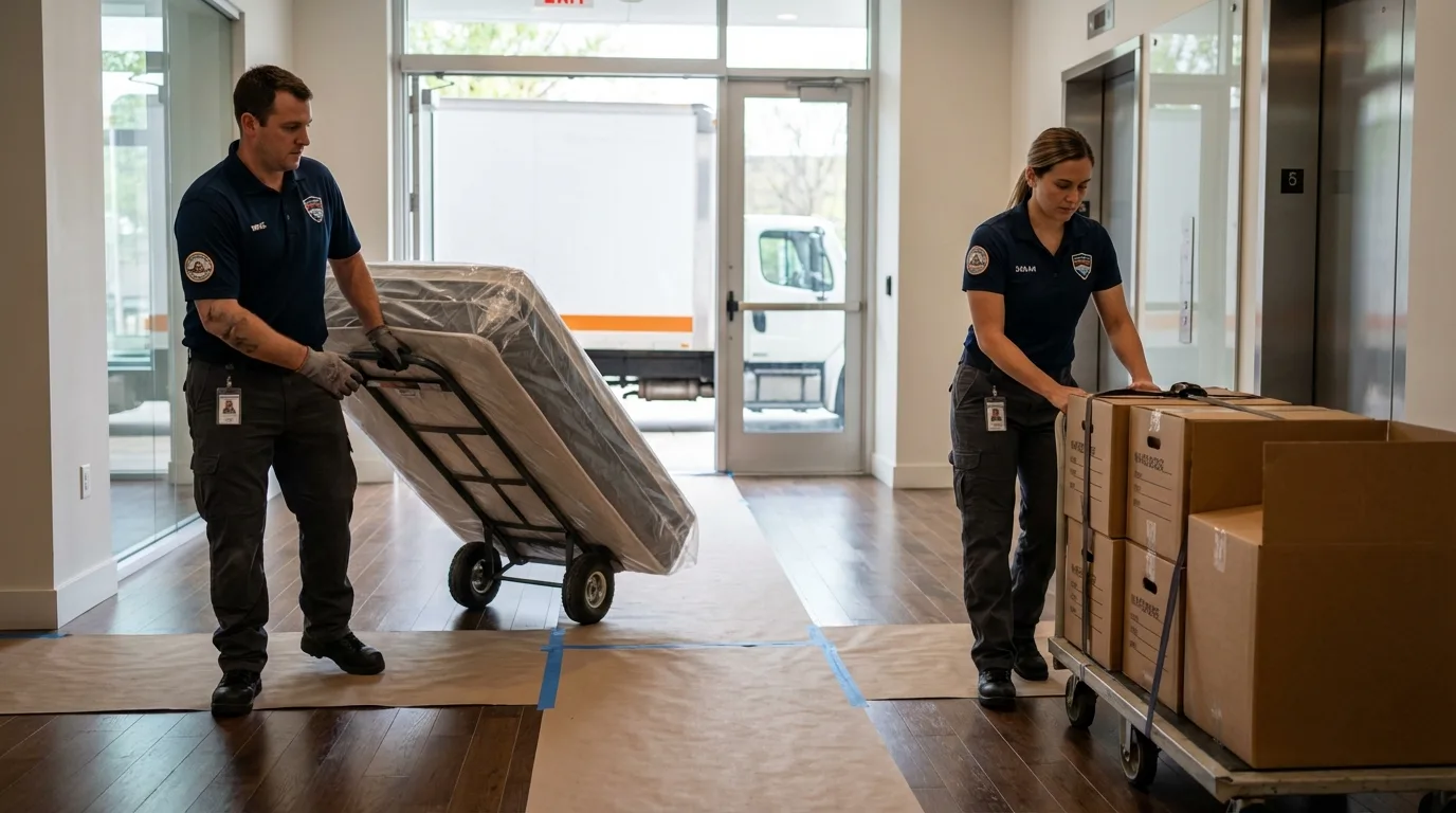 Professional apartment movers loading elevator in Foresthill, CA
